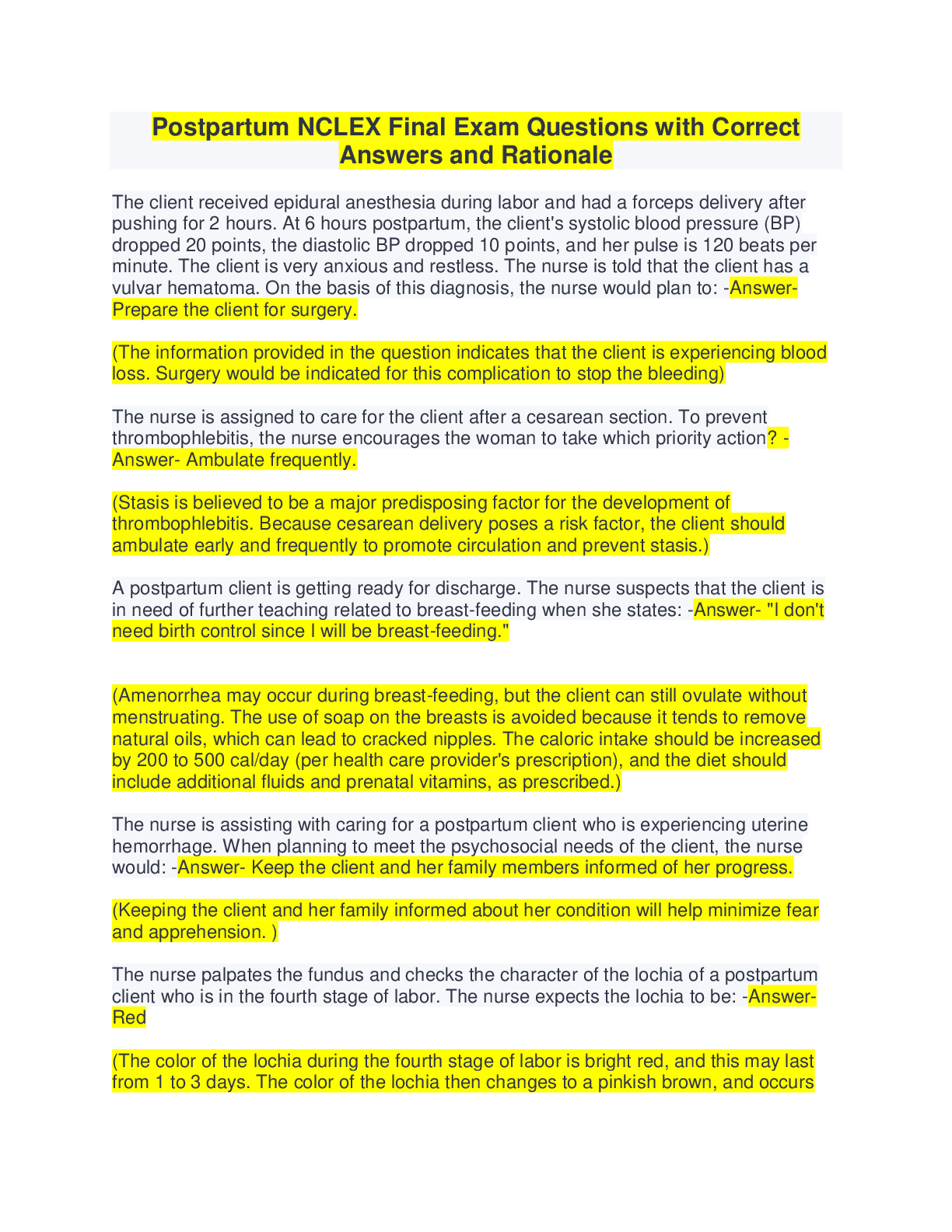 Preview image for Postpartum NCLEX Final Exam Questions with Correct Answers and Rationale